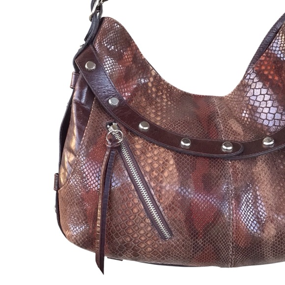 Pietro Alessandro Snakeskin Embossed Leather Studded Hobo Shoulder Bag - Picture 9 of 15